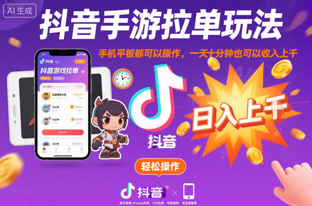 抖音手游拉单玩法，手机平板都可以操作，一天十分钟也可以收入上K【揭秘】-蚂蚁汇资源分享项目网