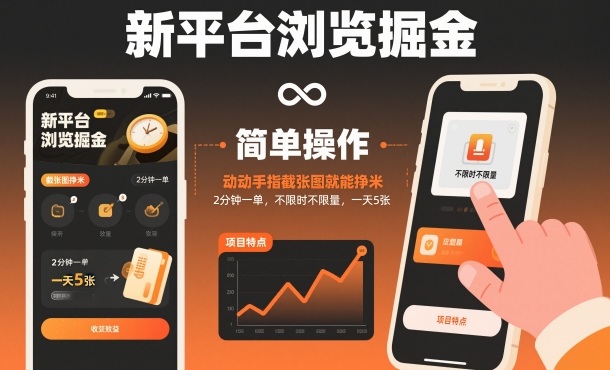 新平台浏览掘金，动动手指截张图就能挣米，2分钟一单，不限时不限量，一天5张【揭秘】-蚂蚁汇资源分享项目网