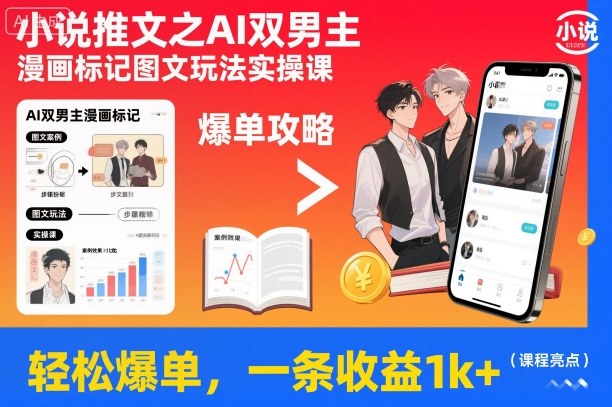 小说推文之AI双男主漫画标记图文玩法实操课，轻松爆单，一条收益1k+-蚂蚁汇资源分享项目网