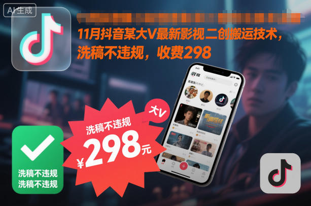 11月抖音某大V最新影视二创搬运技术，洗稿不违规，收费298-蚂蚁汇资源分享项目网