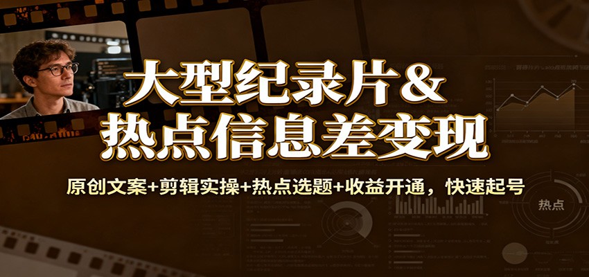 大型纪录片&热点信息差变现：原创文案+剪辑实操+热点选题+收益开通，快速起号-蚂蚁汇资源分享项目网