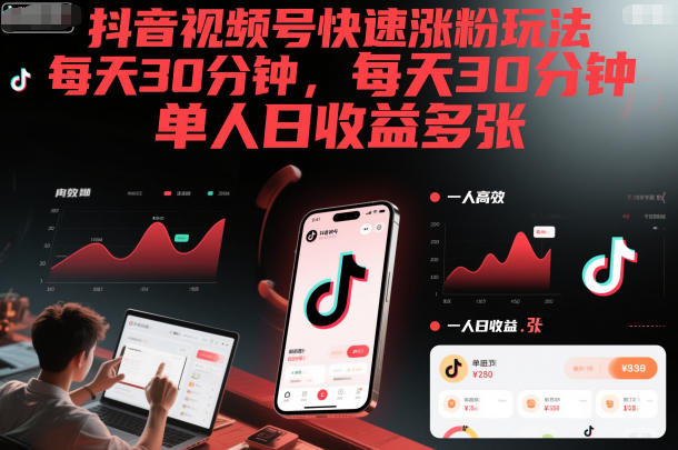 抖音视频号快速涨粉玩法，每天30分钟，单人日收益多张-蚂蚁汇资源分享项目网