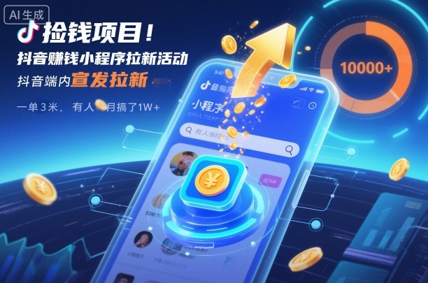 捡钱项目！抖音賺钱小程序拉新活动，抖音端内宣发拉新，一单3米，有人半个月搞了1W+-蚂蚁汇资源分享项目网