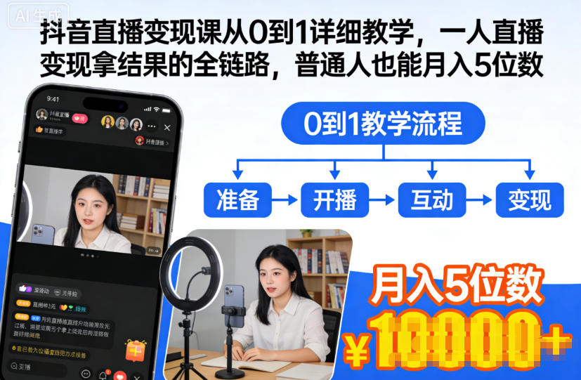 抖音直播变现课从0到1详细教学，一人直播变现拿结果的全链路，普通人也能月入5位数-蚂蚁汇资源分享项目网