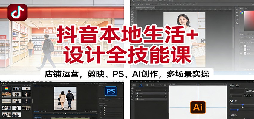 抖音本地生活+设计全技能课：店铺运营，剪映、PS、AI创作，多场景实操-蚂蚁汇资源分享项目网