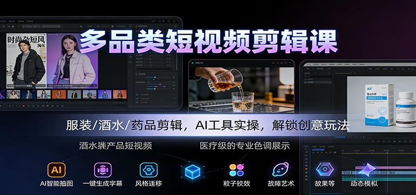 多品类短视频剪辑课：服装/酒水/药品剪辑，AI工具实操，解锁创意玩法-蚂蚁汇资源分享项目网