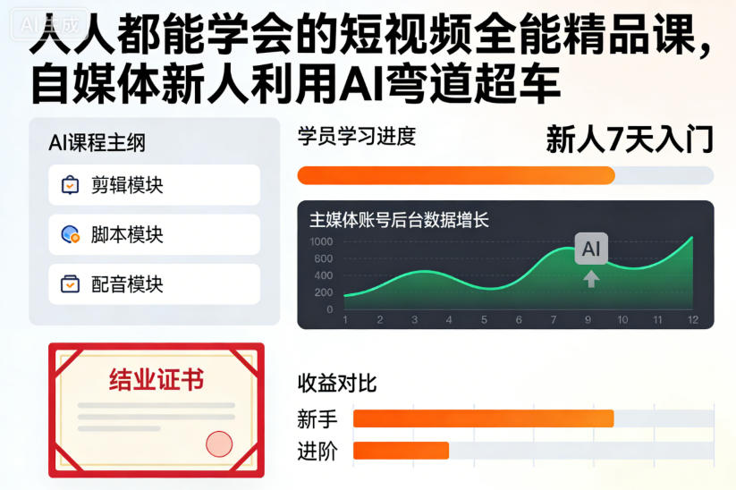 人人都能学会的短视频全能精品课，自媒体新人利用AI弯道超车-蚂蚁汇资源分享项目网