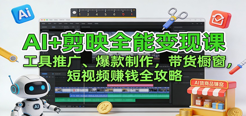 AI+剪映全能变现课：工具推广、爆款制作、带货橱窗，短视频赚钱全攻略-蚂蚁汇资源分享项目网