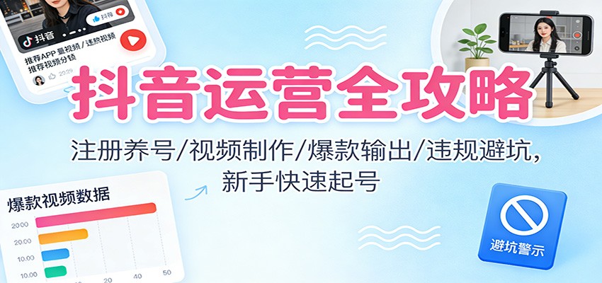 抖音运营全攻略：注册养号/视频制作/爆款输出/违规避坑，新手快速起号-蚂蚁汇资源分享项目网