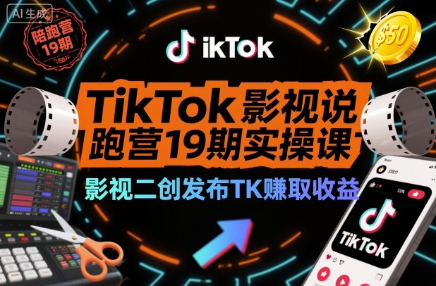 TikTok影视解说陪跑营19期实操课，影视二创发布TK賺取收益，万播收益50美金(更新)-蚂蚁汇资源分享项目网