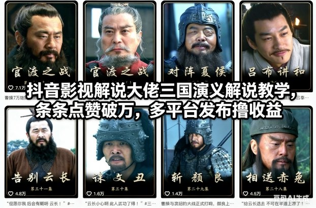 抖音影视解说大佬三国演义解说教学，条条点赞破万，多平台发布撸收益-蚂蚁汇资源分享项目网