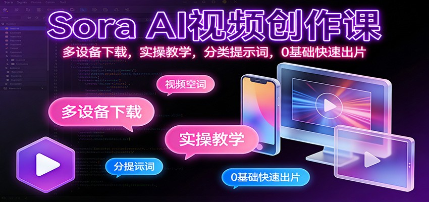 Sora AI视频创作课：多设备下载，实操教学，分类提示词，0基础快速出片-蚂蚁汇资源分享项目网