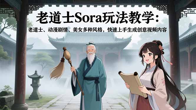老道士Sora玩法教学：老道士、动漫剧情、美女多种风格，快速上手生成创意视频内容-蚂蚁汇资源分享项目网