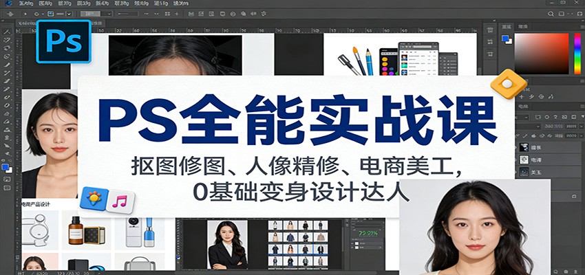 PS全能实战课：抠图修图、人像精修、电商美工，0基础变身设计达人-蚂蚁汇资源分享项目网