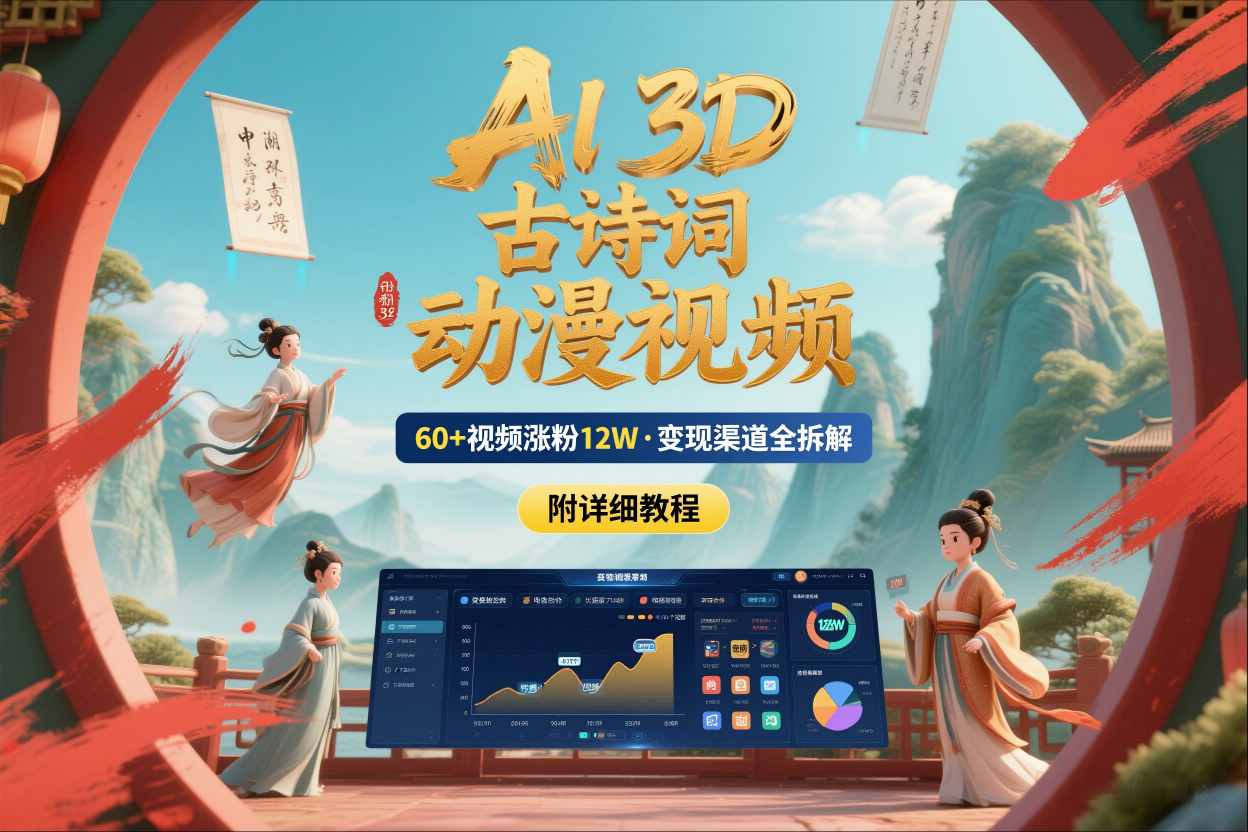 AI制作3D古诗词动漫视频，60多个视频涨粉12W，多个变现渠道拆解【附详细教程】-蚂蚁汇资源分享项目网