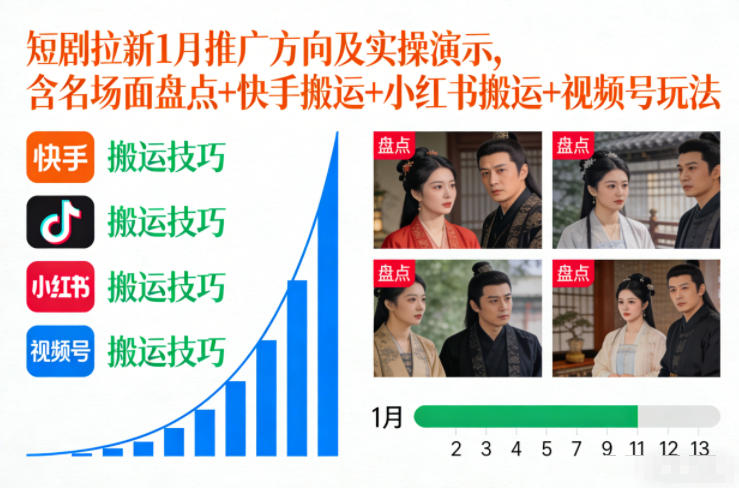 短剧拉新1月推广方向及实操演示，含名场面盘点+快手搬运+小红书搬运+视频号玩法-蚂蚁汇资源分享项目网