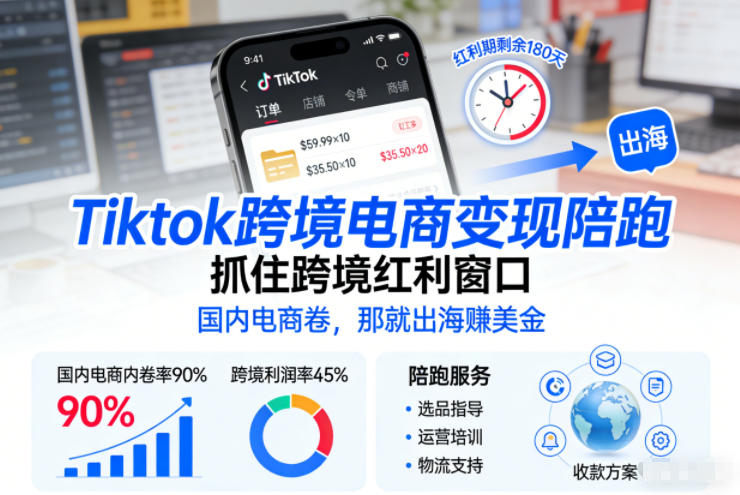 Tiktok跨境电商变现陪跑，抓住跨境红利窗口，国内电商卷，那就出海賺美金-蚂蚁汇资源分享项目网