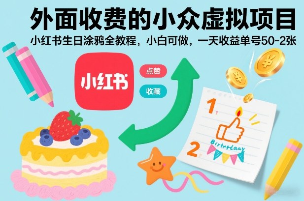 外面收费的小众虚拟项目，小红书生日涂鸦全教程，小白可做，一天收益单号50-2张-蚂蚁汇资源分享项目网