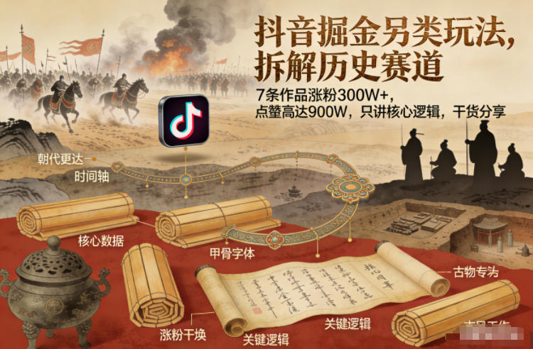 抖音掘金另类玩法，拆解历史赛道，7条作品涨粉300W+，点赞量高达900W，只讲核心逻辑，干货分享-蚂蚁汇资源分享项目网