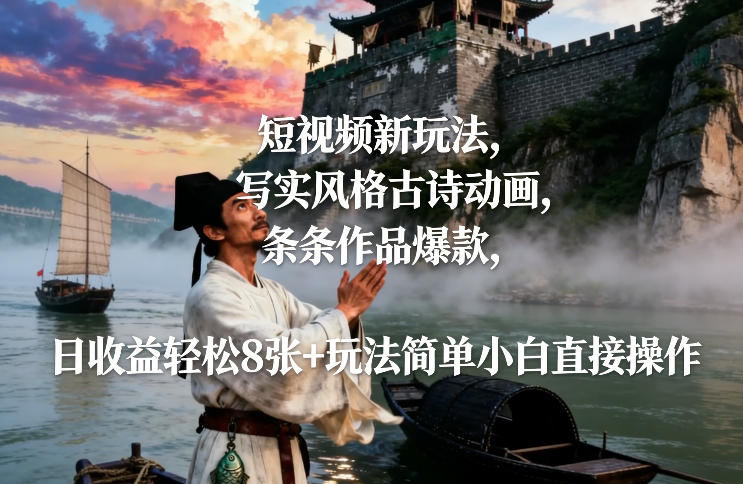 短视频新玩法，写实风格古诗动画，条条作品爆款，日收益轻松8张+玩法简单小白直接操作-蚂蚁汇资源分享项目网