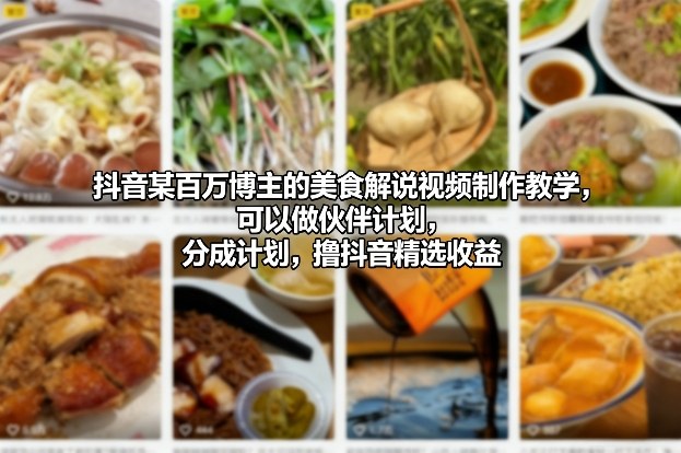 抖音某百万博主的美食解说视频制作教学，可以做伙伴计划，分成计划，撸抖音精选收益(更新)-蚂蚁汇资源分享项目网