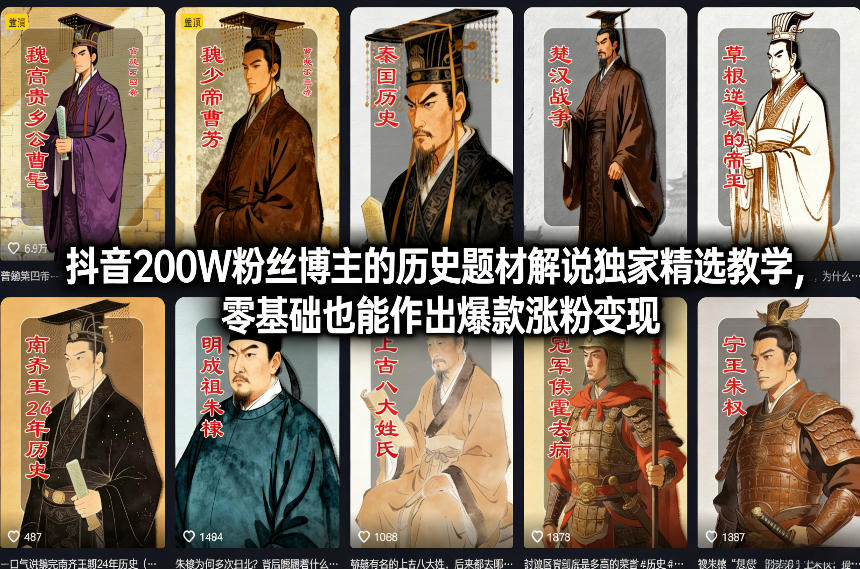 抖音200W粉丝博主的历史题材解说独家精选教学，零基础也能作出爆款涨粉变现-蚂蚁汇资源分享项目网