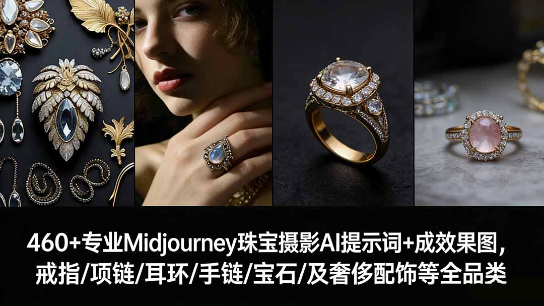 460+专业Midjourney珠宝摄影AI提示词+成效果图，戒指/项链/耳环/手链/宝石/及奢侈配饰等全品类-蚂蚁汇资源分享项目网
