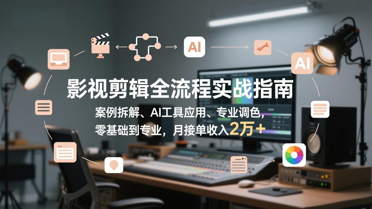影视剪辑全流程实战指南，案例拆解、AI工具应用、专业调色，零基础到专业，月接单收入2万+-蚂蚁汇资源分享项目网