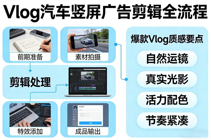 Vlog感觉汽车竖屏广告剪辑脚本全流程，拿捏爆款Vlog质感-蚂蚁汇资源分享项目网