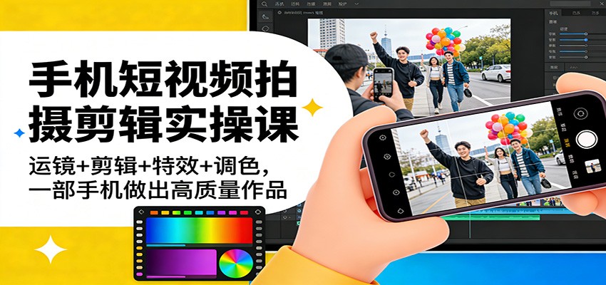 手机短视频拍摄剪辑实操课：运镜+剪辑+特效+调色，一部手机做出高质量作品-蚂蚁汇资源分享项目网