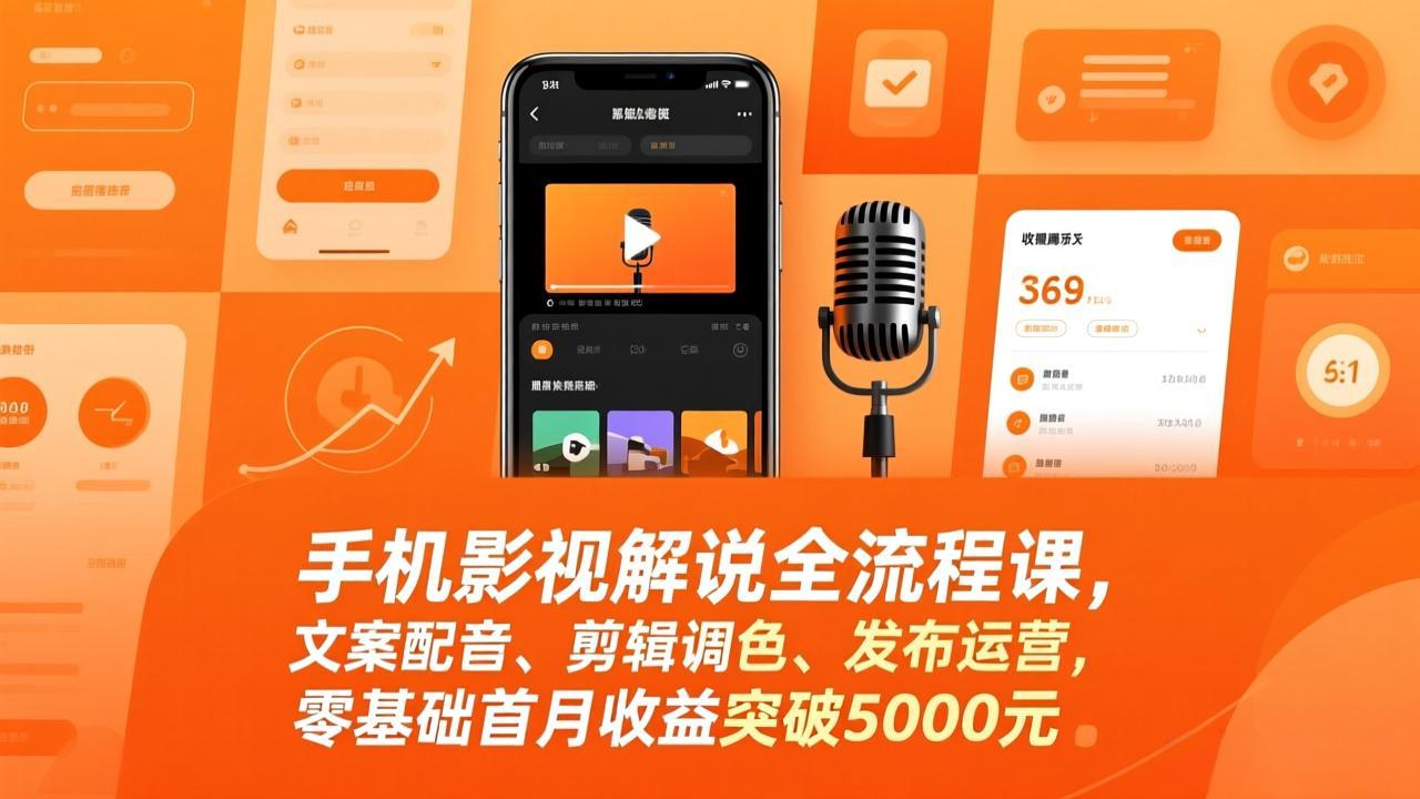 手机影视解说全流程课，文案配音、剪辑调色、发布运营，零基础首月收益突破5000元-蚂蚁汇资源分享项目网