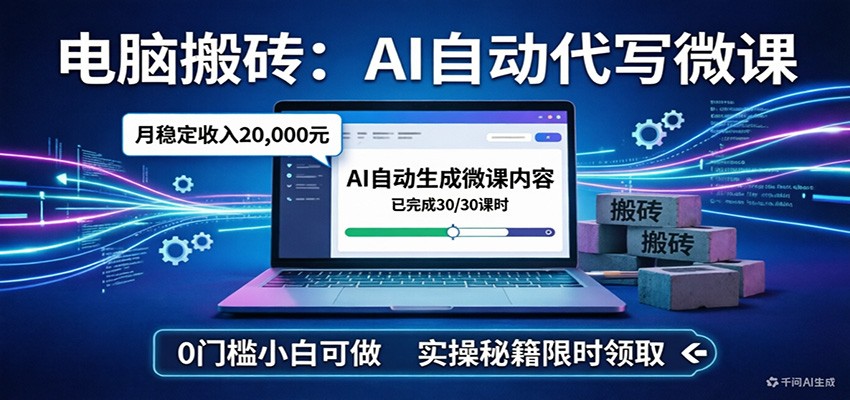 电脑搬砖AI自动代写微课，月稳定2W，0门槛小白可做，实操秘籍-蚂蚁汇资源分享项目网