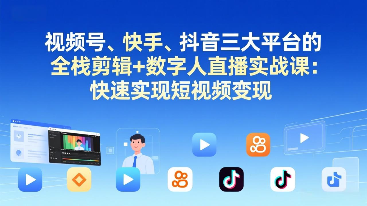 视频号+快手+抖音三大平台的全栈剪辑+数字人直播实战课-3月更新：快速实现短视频变现-蚂蚁汇资源分享项目网