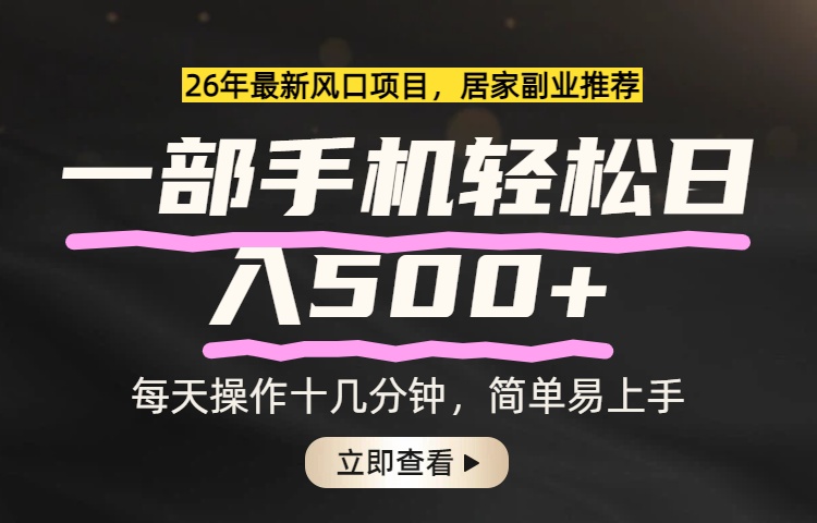 26年居家副业首选，一部手机轻松日入500+，长期稳定可做-蚂蚁汇资源分享项目网