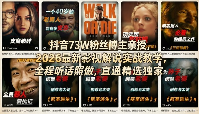 抖音73W粉丝博主亲授，2026最新影视解说实战教学，全程听话照做，直通精选独家-蚂蚁汇资源分享项目网