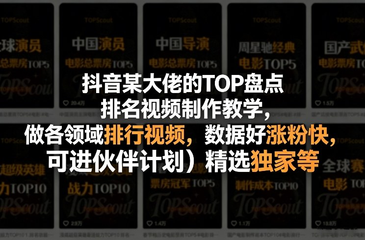 抖音某大佬的TOP盘点排名视频制作，做各领域排行视频，数据好涨粉快，可进伙伴计划＋精选独家等-蚂蚁汇资源分享项目网