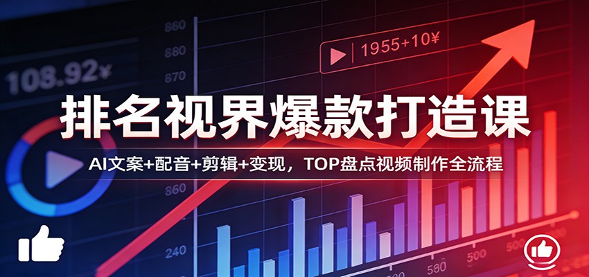 排名视界爆款打造课：AI文案+配音+剪辑+变现，TOP盘点视频制作全流程-蚂蚁汇资源分享项目网
