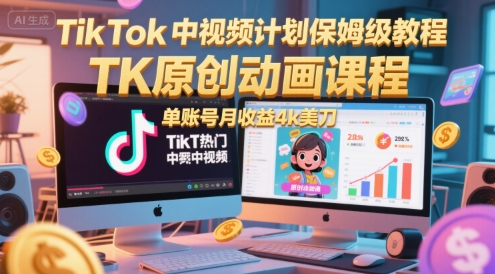 TikTok中视频计划保姆级教程，TK原创动画课程，单账号月收益4k美刀-蚂蚁汇资源分享项目网
