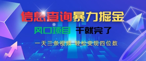 信息查询暴力掘金，一天三条视频，轻松变现四位数，风口项目干就完了【揭秘】-蚂蚁汇资源分享项目网