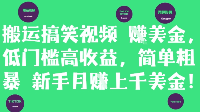 搬运搞笑视频挣美金，低门槛高收益，简单粗暴新手月入上千美刀-蚂蚁汇资源分享项目网