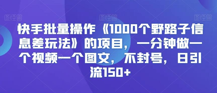 快手批量操作《1000个野路子信息差玩法》的项目，一分钟做一个视频一个图文，不封号，日引流150+【揭秘】-蚂蚁汇资源分享项目网
