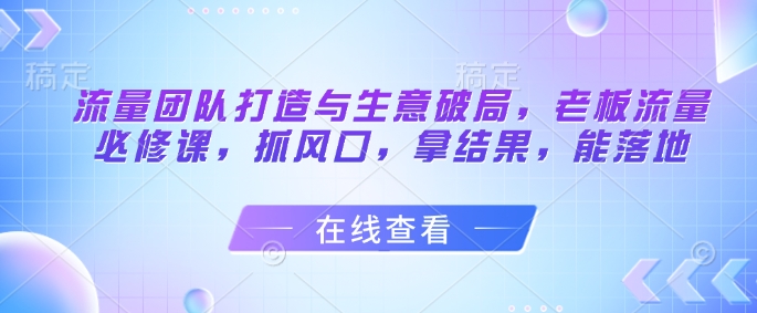 流量团队打造与生意破局，老板流量必修课，抓风口，拿结果，能落地-蚂蚁汇资源分享项目网
