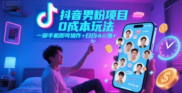抖音男粉项目0成本玩法，一部手机即可操作，日均4张+，时间自由-蚂蚁汇资源分享项目网