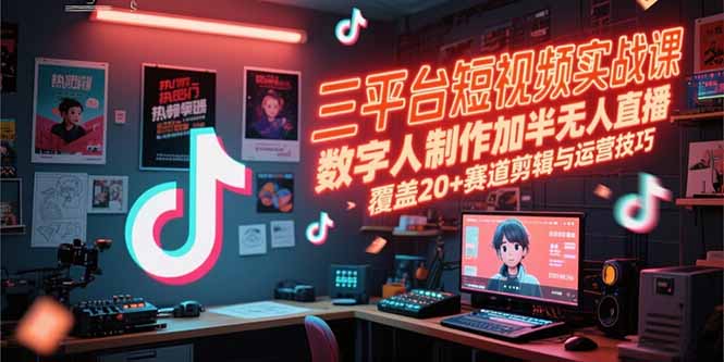 三平台短视频实战课，数字人制作加半无人直播，覆盖20+赛道剪辑与运营技巧-蚂蚁汇资源分享项目网