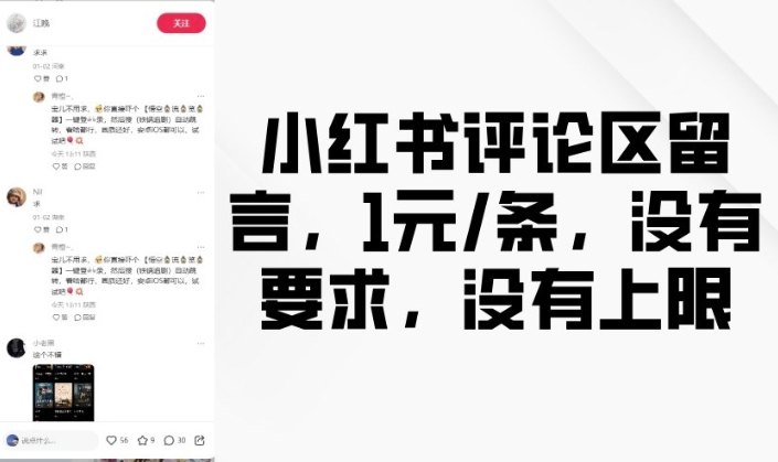 小红书评论区留言，1元条，没有要求，没有上限-蚂蚁汇资源分享项目网