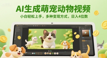 AI生成萌宠动物视频，小白轻松上手，多种变现方式，日入4位数-蚂蚁汇资源分享项目网