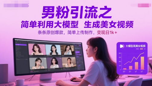 男粉引流之简单利用大模型生成美女视频，条条原创爆款，简单上传制作，变现日1k+-蚂蚁汇资源分享项目网