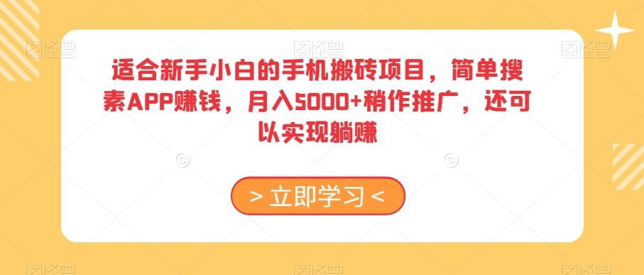 适合新手小白的手机搬砖项目，简单搜素APP赚钱，月入5000+稍作推广，还可以实现躺赚【揭秘】-蚂蚁汇资源分享项目网