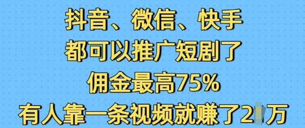抖音微信快手都可以推广短剧了，佣金最高75%，有人靠一条视频就挣了2W-蚂蚁汇资源分享项目网