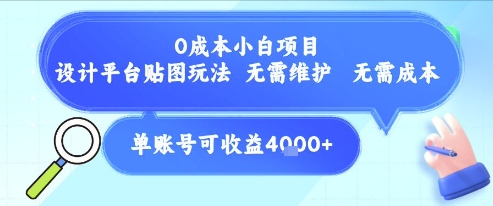 0成本小白项目，设计平台贴图玩法，无需维护，无需成本，单账号单月可产生收益4k+-蚂蚁汇资源分享项目网